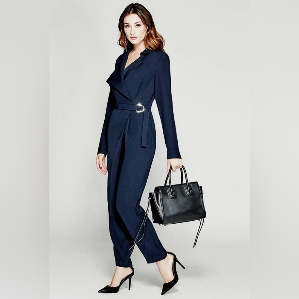 Marciano Mila Belted Jumpsuit | Navy Long Sleeve Tailored Workwear
